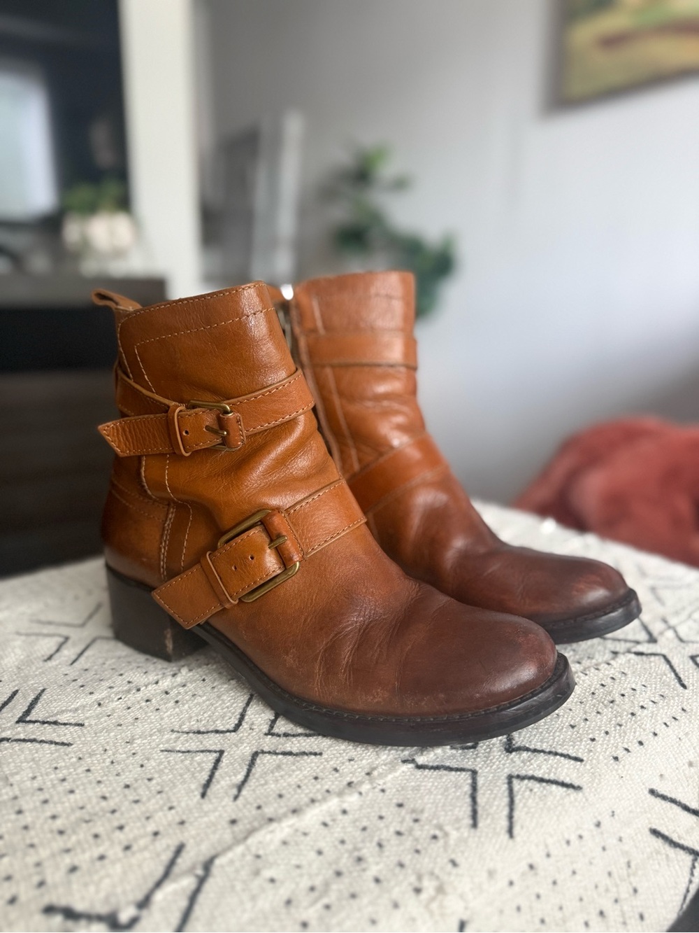 Lucky Brand Cognac Leather Buckle Ankle Boots